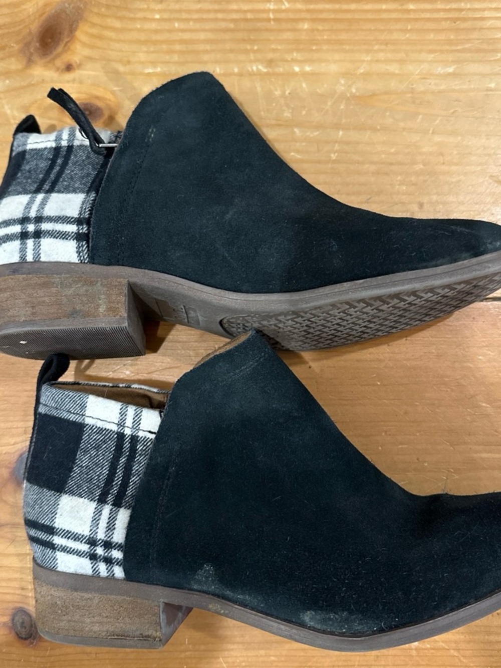 Toms Black Suede Ankle Booties with Plaid Heel